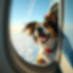 A joyful dog looking out of an airplane window with its ears flapping in the wind