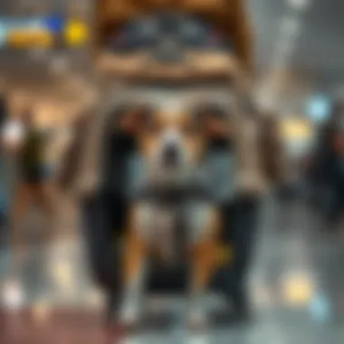 A pet owner with a dog in a well-organized travel carrier at the airport