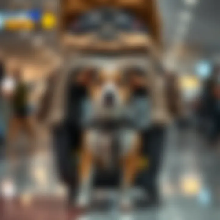 A pet owner with a dog in a well-organized travel carrier at the airport