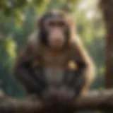 A monkey perched on a tree branch, observing its surroundings.