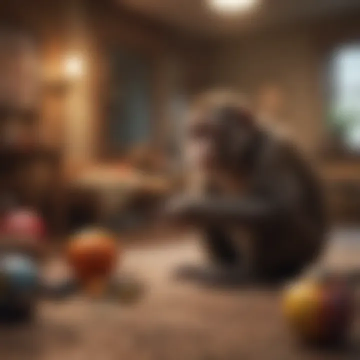 A cozy indoor setting with a monkey playing with toys.