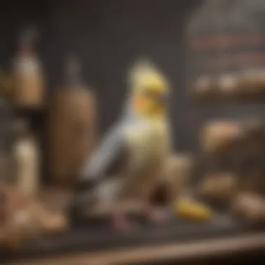 A detailed view of a cockatiel's cage setup and accessories, highlighting essential care items