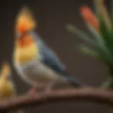 A vibrant cockatiel perched on a wooden branch, showcasing its colorful feathers