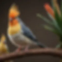 A vibrant cockatiel perched on a wooden branch, showcasing its colorful feathers