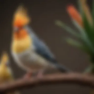 A vibrant cockatiel perched on a wooden branch, showcasing its colorful feathers