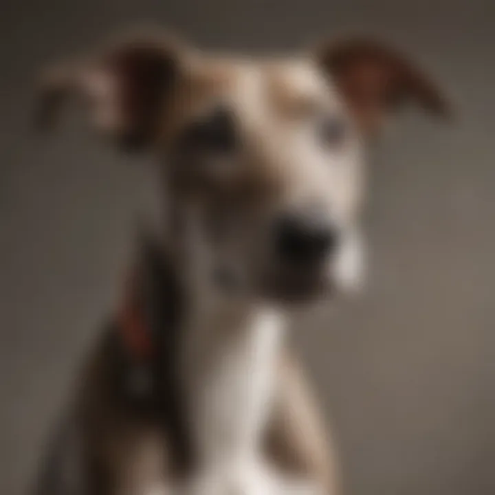 A close-up of a greyhound puppy, highlighting its playful demeanor and unique markings.