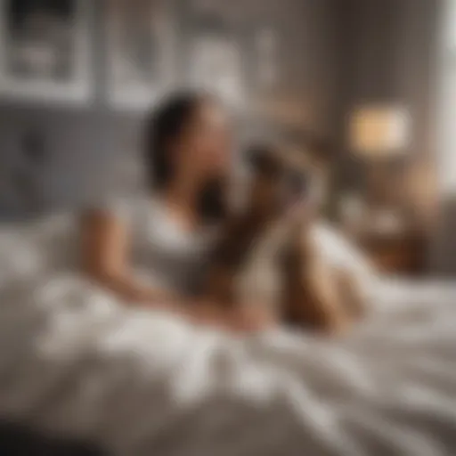 A cozy bedroom scene with a pet snuggled beside a sleeping owner