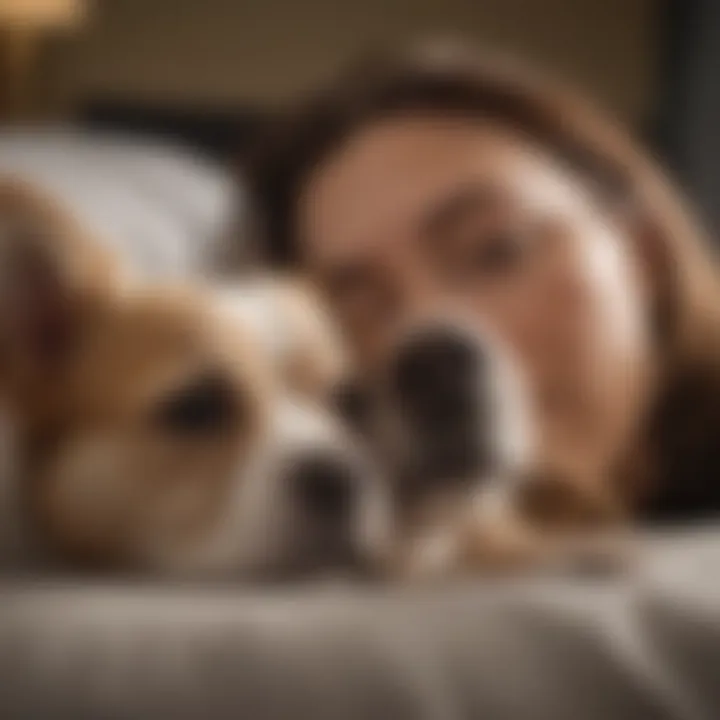 A pet owner with a thoughtful expression while contemplating pet co-sleeping
