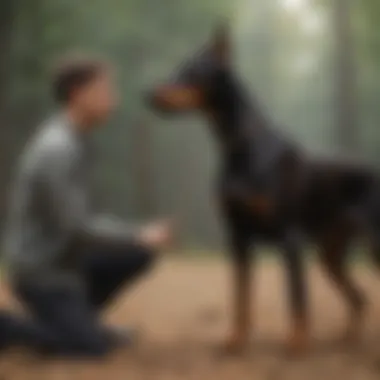 Professional Training Session for Doberman Professional trainer guiding Doberman during obedience training