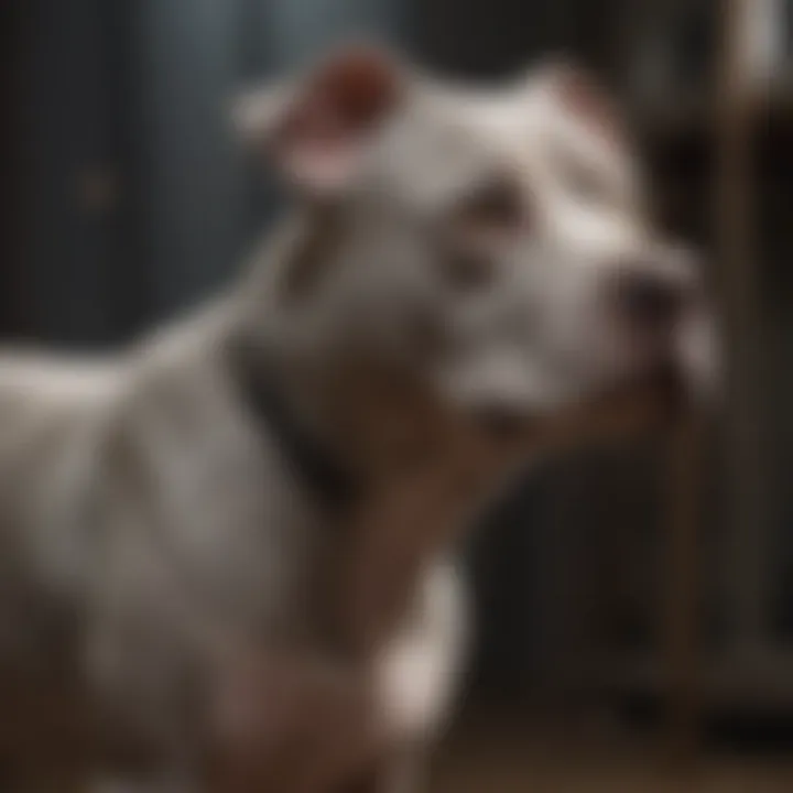A grey Pitbull receiving grooming to maintain its coat and health