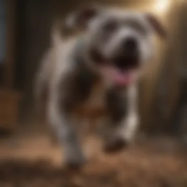 Playful Energy of the Grey Pitbull A grey Pitbull engaging in playful activity, highlighting its energetic nature