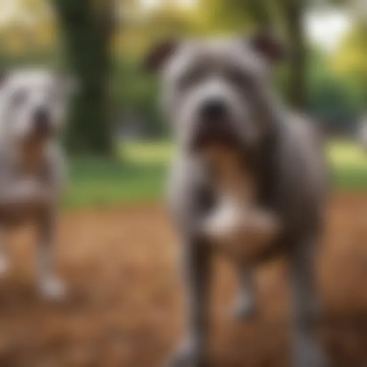 A grey Pitbull enjoying a social interaction with other dogs in a park