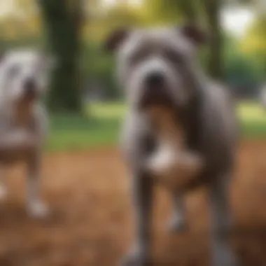 Socialization of the Grey Pitbull A grey Pitbull enjoying a social interaction with other dogs in a park