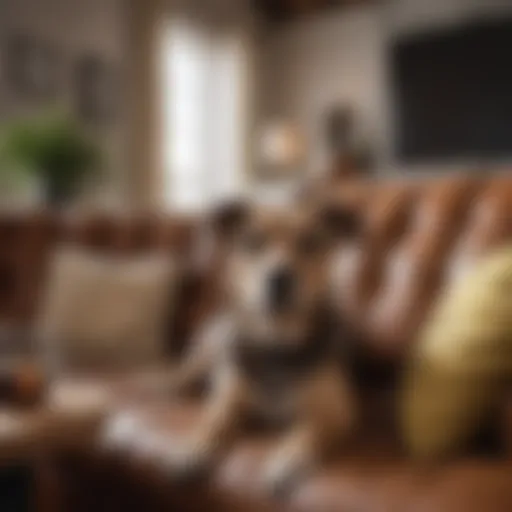 A peaceful dog lounging comfortably on a couch in a cozy living room.