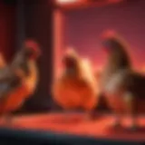 Chickens basking under red light therapy for improved well-being