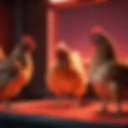 Chickens basking under red light therapy for improved well-being