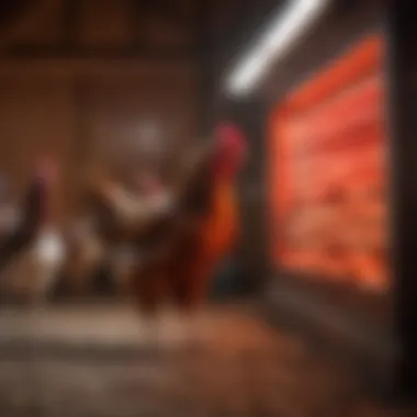 Poultry farmer implementing red light therapy in a chicken coop