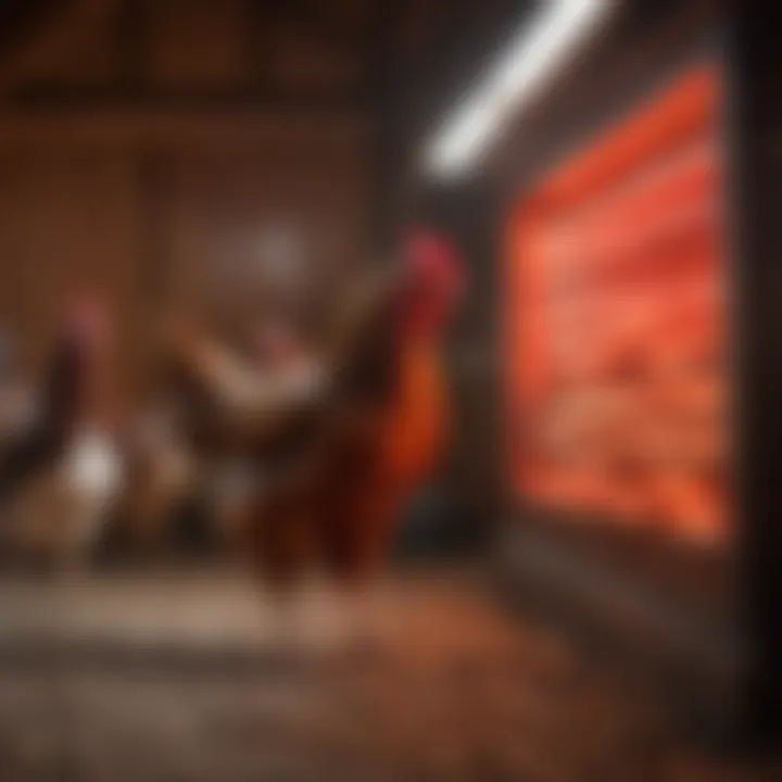 Poultry farmer implementing red light therapy in a chicken coop