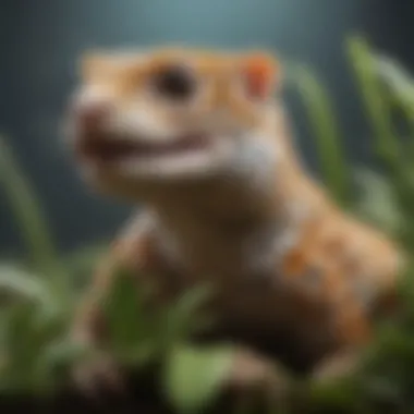 Leopard gecko interacting with its plant-filled habitat