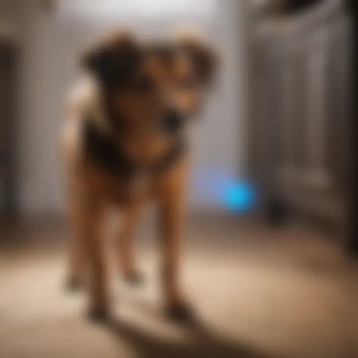 Pet owner using UV light to locate dog urine in home