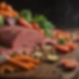 Close-up of premium dog food ingredients showcasing fresh meat and vegetables