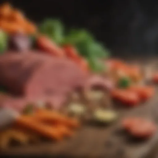 Close-up of premium dog food ingredients showcasing fresh meat and vegetables