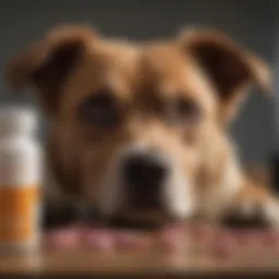 A close-up of a dog looking curiously at an antacid tablet.