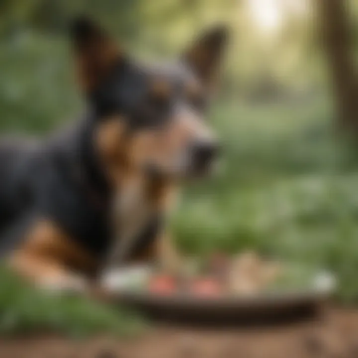 A serene scene of a dog enjoying a natural, healthy meal surrounded by herbs.