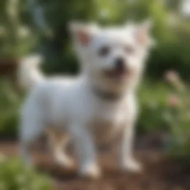 Playful small white dog in a garden