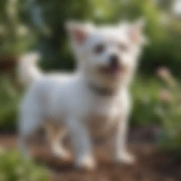 Playful small white dog in a garden