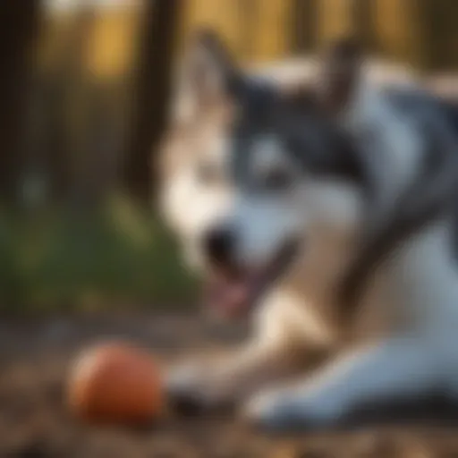 A husky chewing on a durable rubber toy