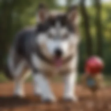 A husky playing with an interactive toy that stimulates mental activity