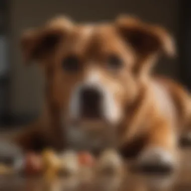 Using Positive Reinforcement A trainer using treats to encourage a dog to lie down
