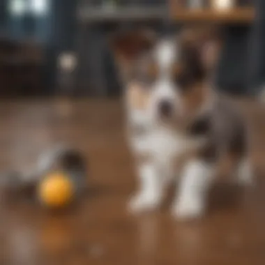 A trainer demonstrating a command to a Mini Aussie puppy using positive reinforcement.