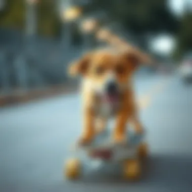 A close-up of a dog learning to balance on a skateboard