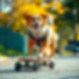 A dog confidently riding a skateboard on a sunny day