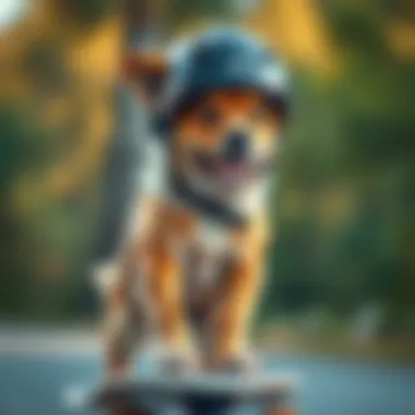 A dog wearing a helmet while skateboarding for safety