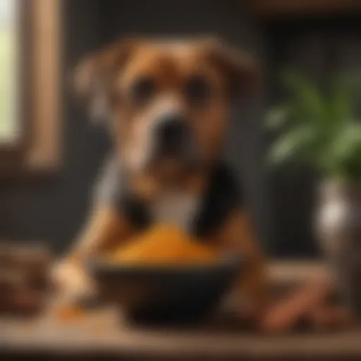 A vibrant bowl of turmeric and black pepper with a dog looking curiously.