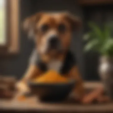 Curious Canine and Natural Remedies A vibrant bowl of turmeric and black pepper with a dog looking curiously.