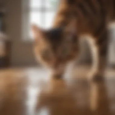 A cat owner using a cleaning solution to remove cat urine stains from a carpet.