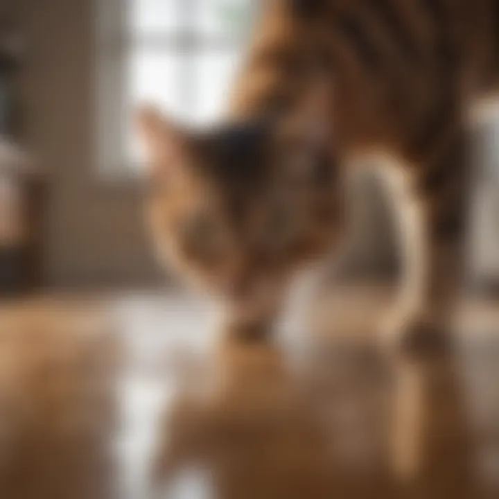 A cat owner using a cleaning solution to remove cat urine stains from a carpet.