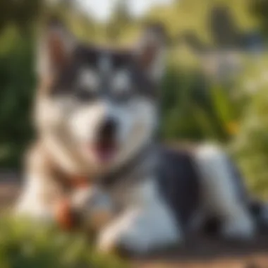 A happy husky puppy playing with a plush teething toy in a sunny garden.