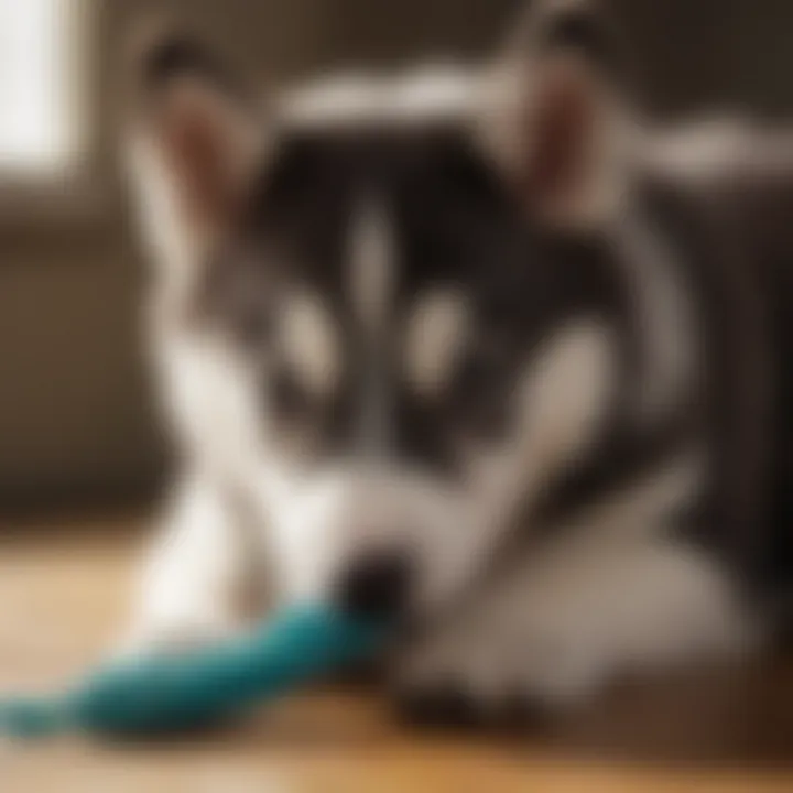 Close-up of a husky puppy chewing on a natural rubber teething toy.