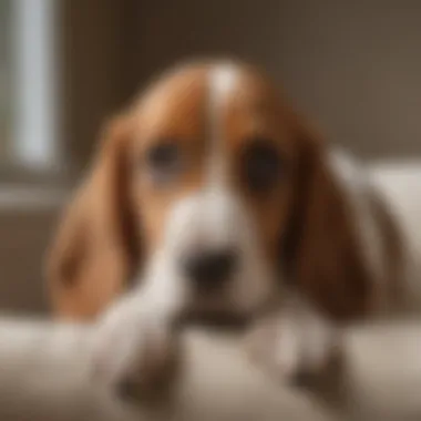 A happy Basset Hound mix puppy resting comfortably in a cozy home environment, emphasizing care and companionship.