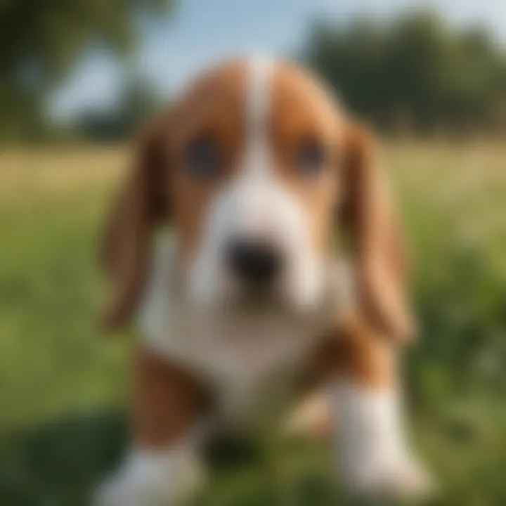 A playful Basset Hound mix puppy in a grassy field, showcasing its unique ears and friendly demeanor.