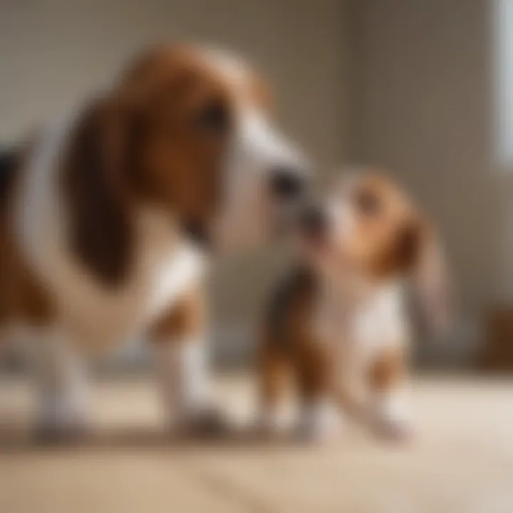 A Basset Hound mix puppy engaging in training exercises with its owner, demonstrating the importance of socialization.