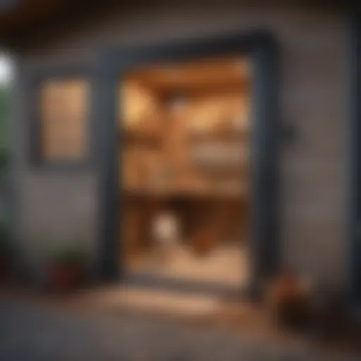 A stylish battery powered automatic chicken door installed in a modern coop