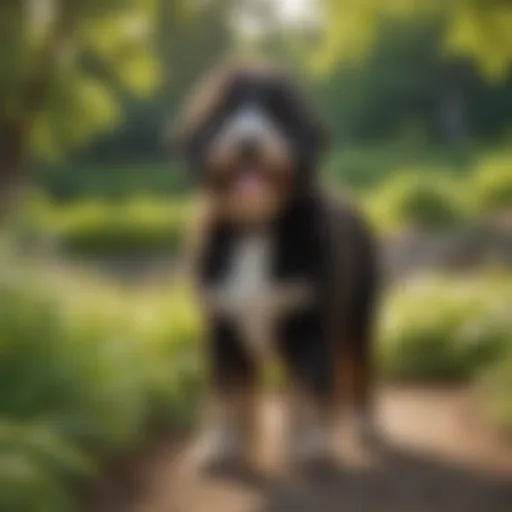 Bernedoodle standing in a park with vibrant greenery