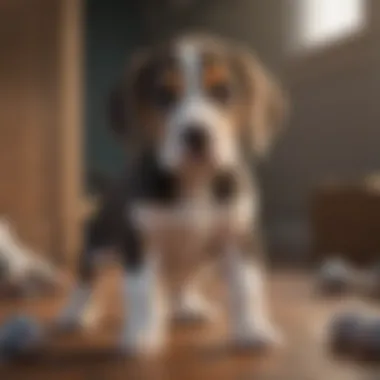 An experienced breeder interacting with blue tick Beagle puppies
