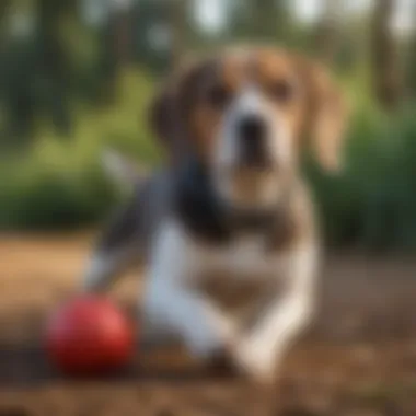 A happy blue tick Beagle playing outdoors with a toy